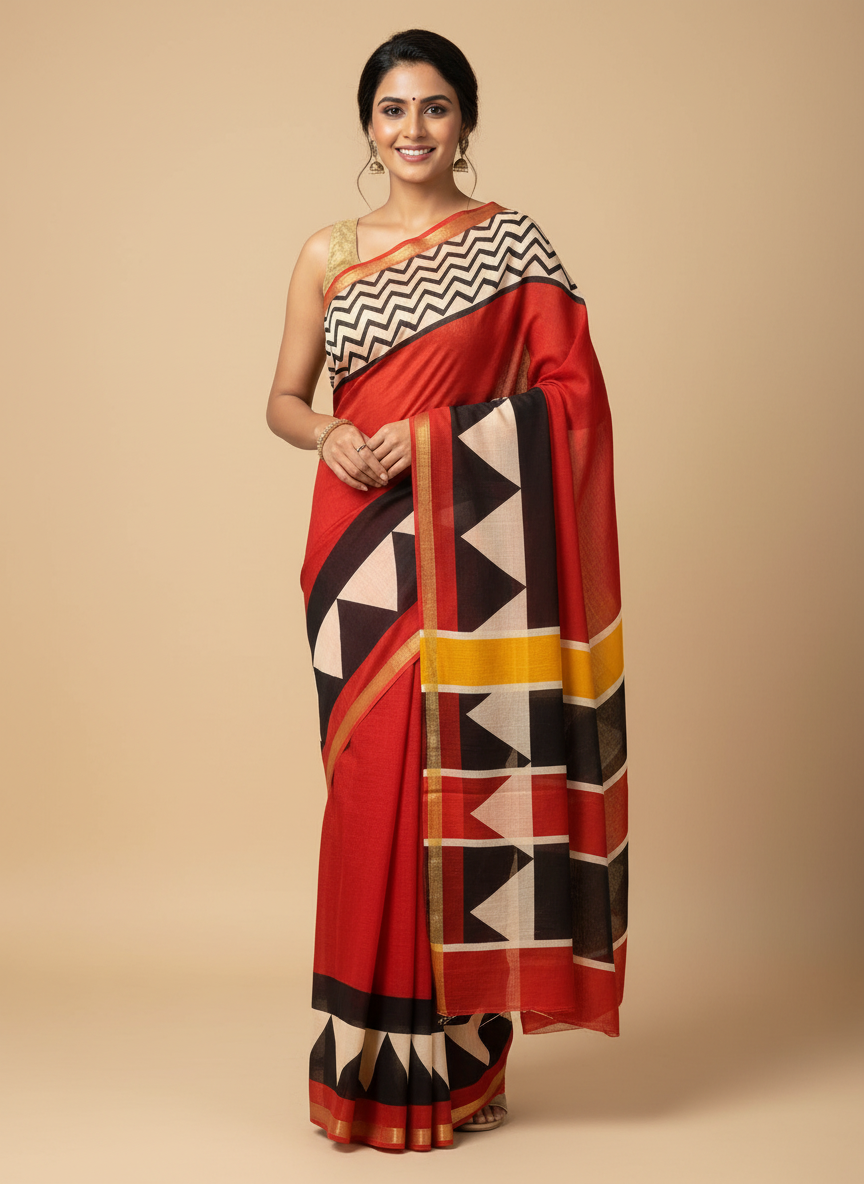 CHANDERI COTTON SAREE (RED WITH MULTICOLOR BORDERS)