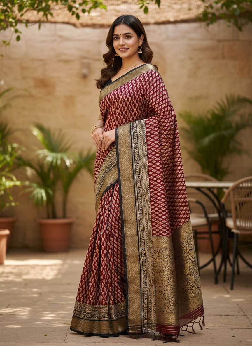 COTTON ZARI KOTA SAREE (MAROON WITH GOLDEN BORDER)