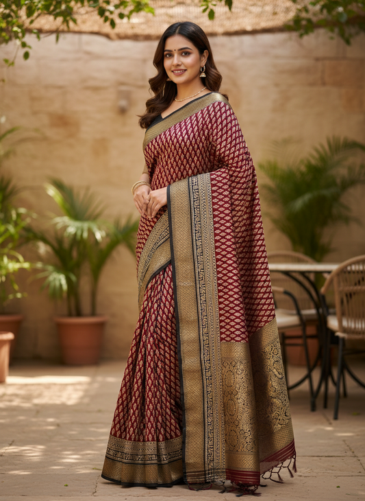 COTTON ZARI KOTA SAREE (MAROON WITH GOLDEN BORDER)