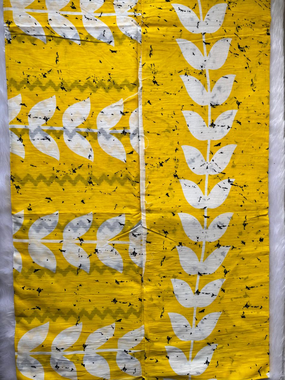 PURE COTTON HAND-BLOCK PRINT SAREE (YELLOW WITH WHITE LEAF MOTIFS)