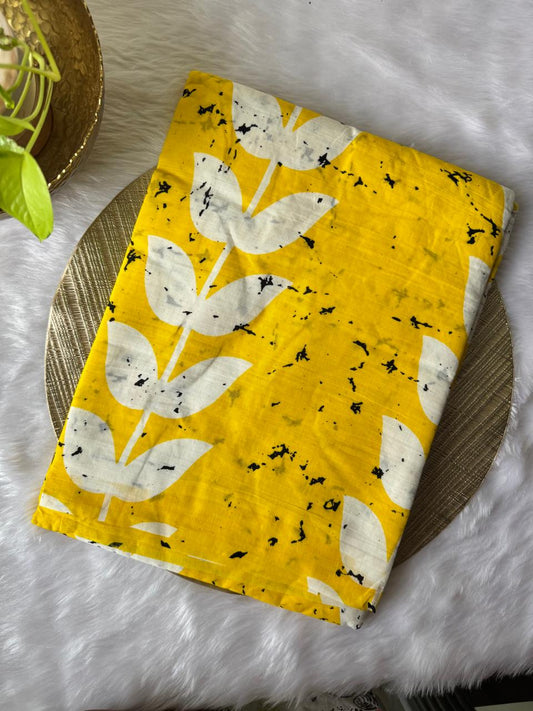 PURE COTTON HAND-BLOCK PRINT SAREE (YELLOW WITH WHITE LEAF MOTIFS)
