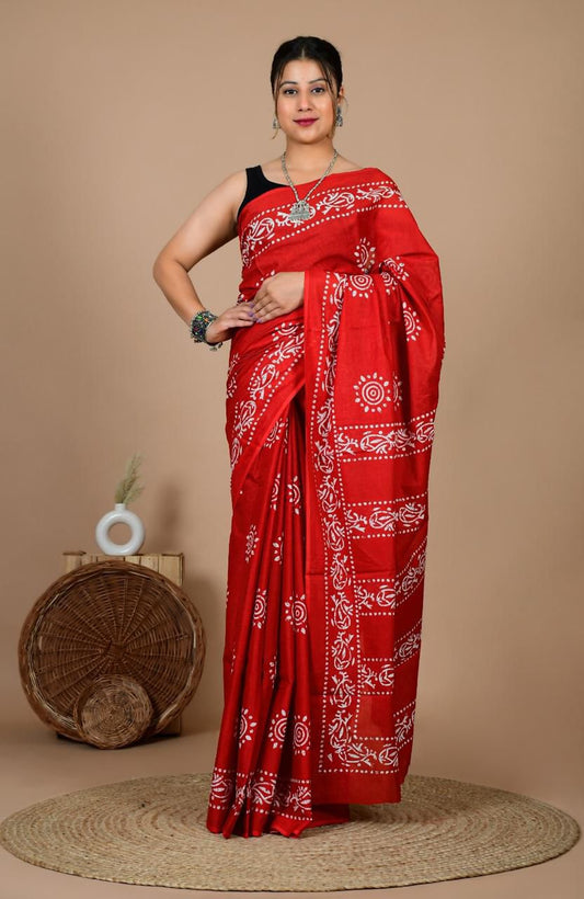 PURE COTTON BANDHANI PRINT SAREE – RED WITH WHITE MOTIFS