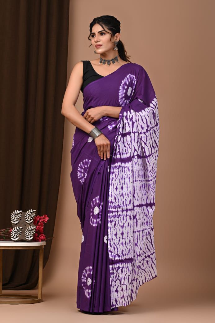 PURE COTTON TIE-DYE SAREE – PURPLE WITH WHITE SHIBORI PATTERNS