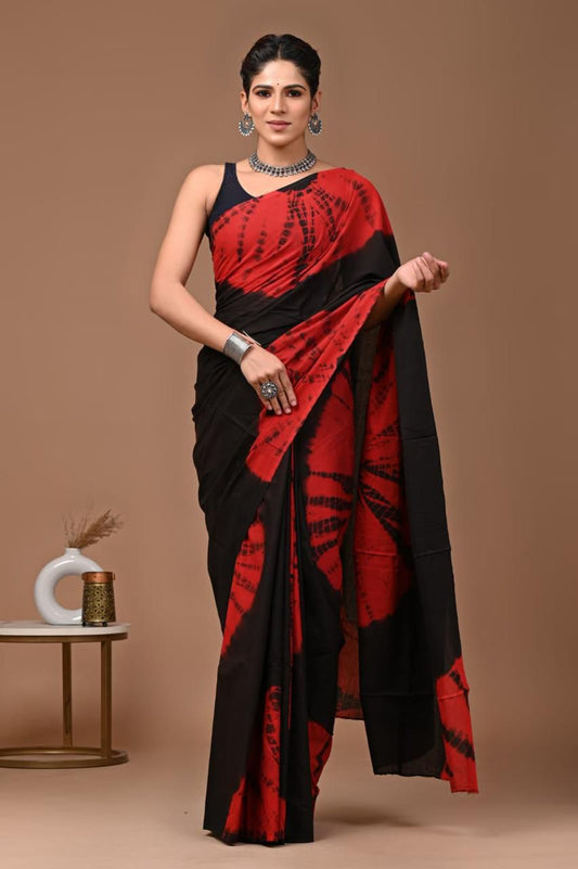 PURE COTTON TIE-DYE SAREE – ORANGE WITH BLACK SHIBORI PATTERNS