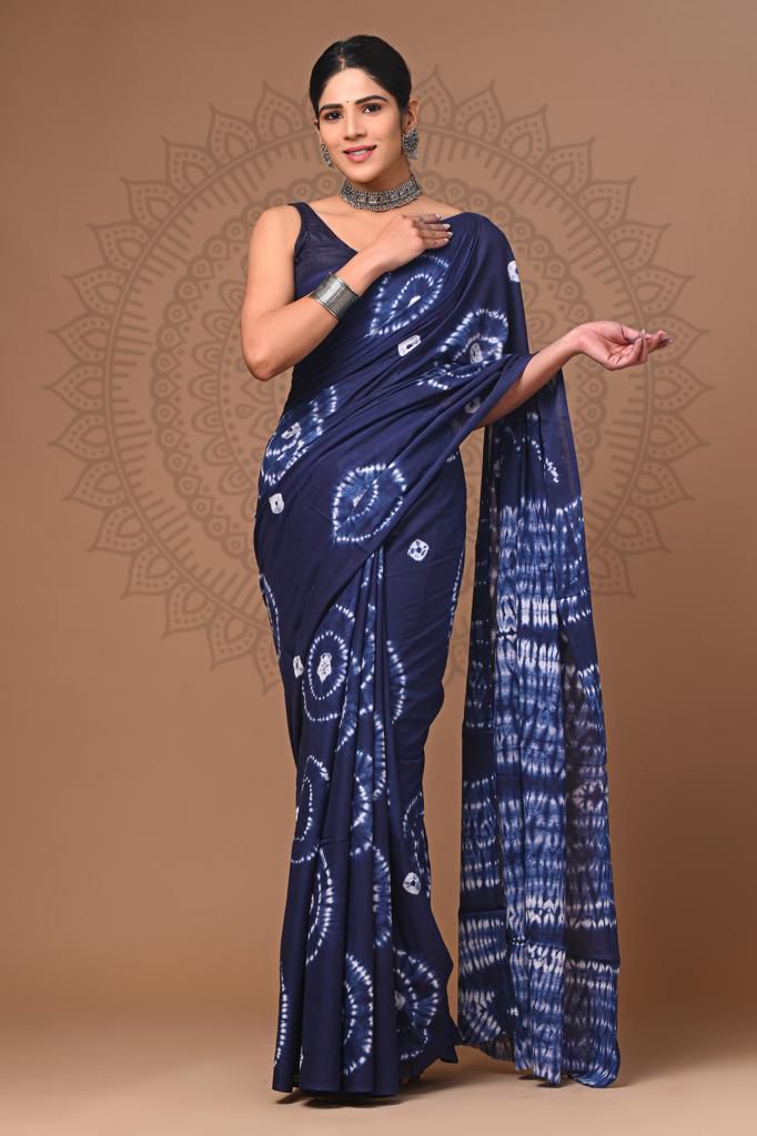 PURE COTTON TIE-DYE SAREE – NAVY BLUE WITH WHITE SHIBORI PATTERNS