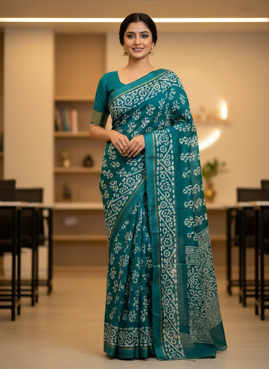SYTHENTIC WITH MIX TEAL COTTON SAREE
