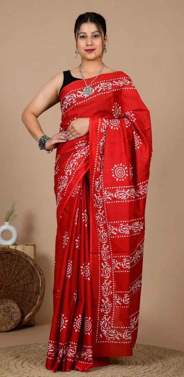 PURE COTTON BATIK PRINT SAREE – RED WITH WHITE MOTIFS