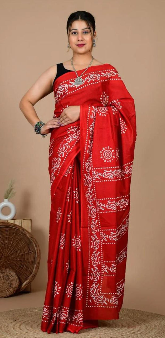 PURE COTTON BATIK PRINT SAREE – RED WITH WHITE MOTIFS