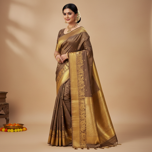 Coffee Brown Semi Silk Saree with Pallaku Border & Gold Zari Buttas