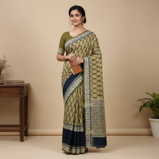 Pure Mul Mul Cotton Saree in Mustard and Black Handblock Print