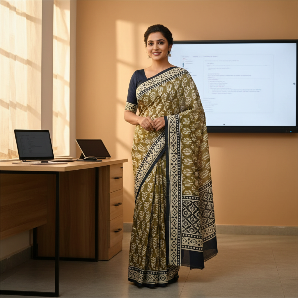Pure Mul Mul Cotton Saree in Mustard and Black Handblock Print