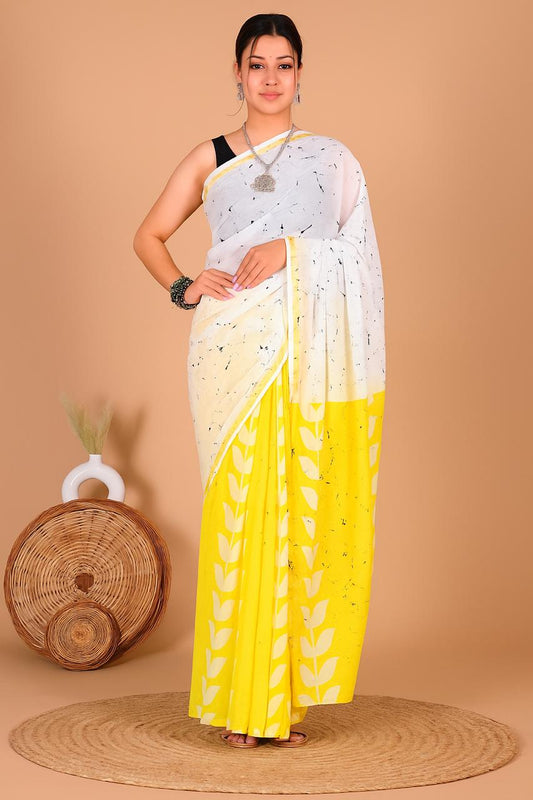 PURE COTTON HAND-BLOCK PRINT SAREE (YELLOW WITH WHITE LEAF MOTIFS)