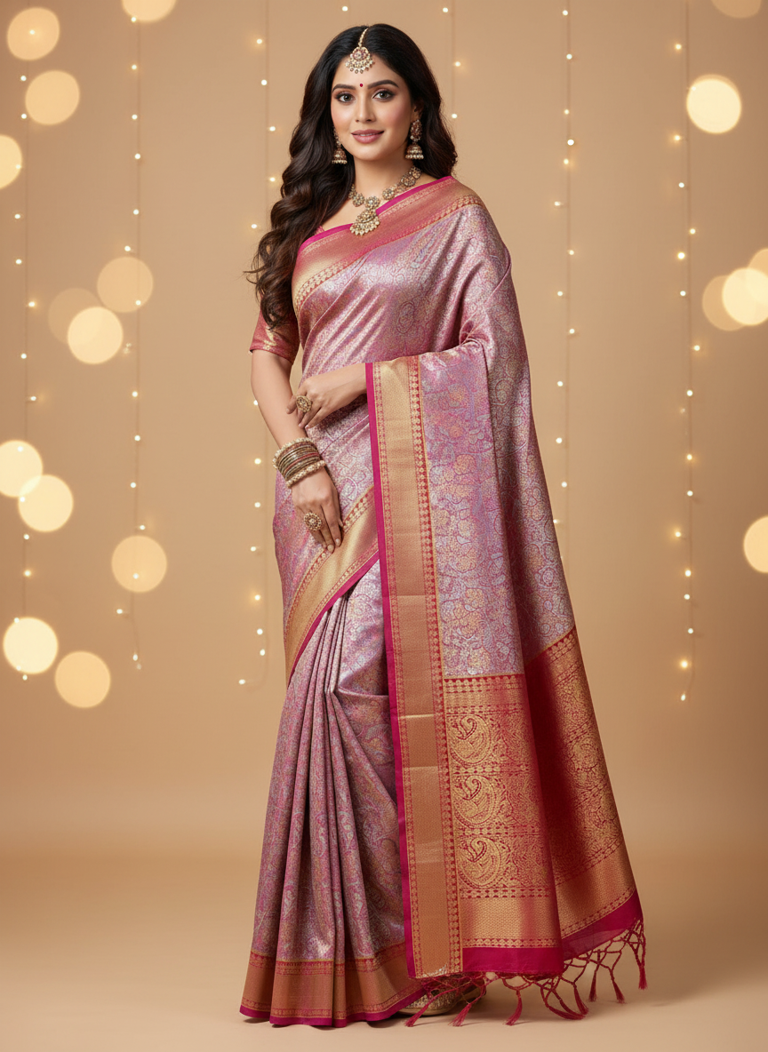 PINK SEMI-SILK TISSUE BRIDAL SAREE