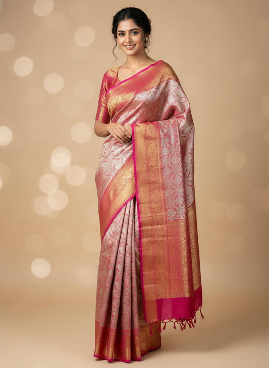 PINK SEMI-SILK TISSUE BRIDAL SAREE