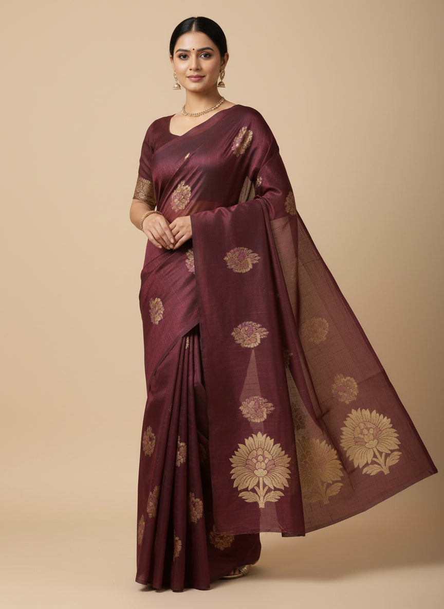 RED GOLDEN SHINE FLORAL CRACKLE COTTON SAREE WITHOUT BORDER