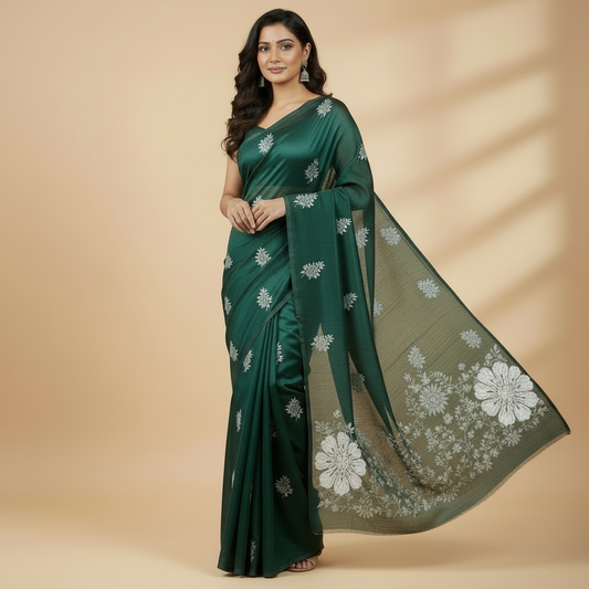 BOTTLE GREEN CRACKLE COTTON FLORAL SAREE WITHOUT BORDER