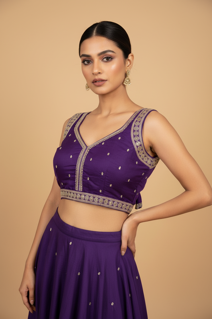 PURPLE SLUB SILK EMB READYMADE BLOUSE