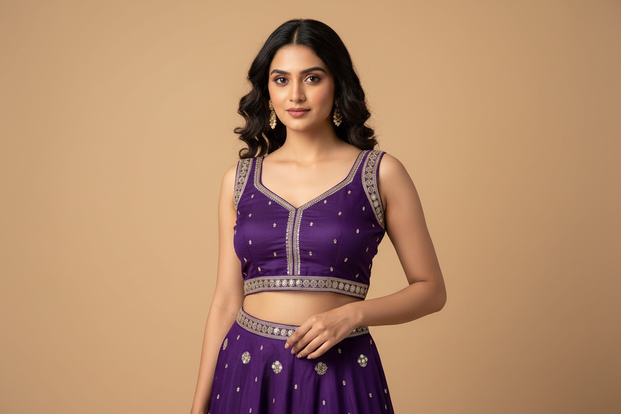 PURPLE SLUB SILK EMB READYMADE BLOUSE