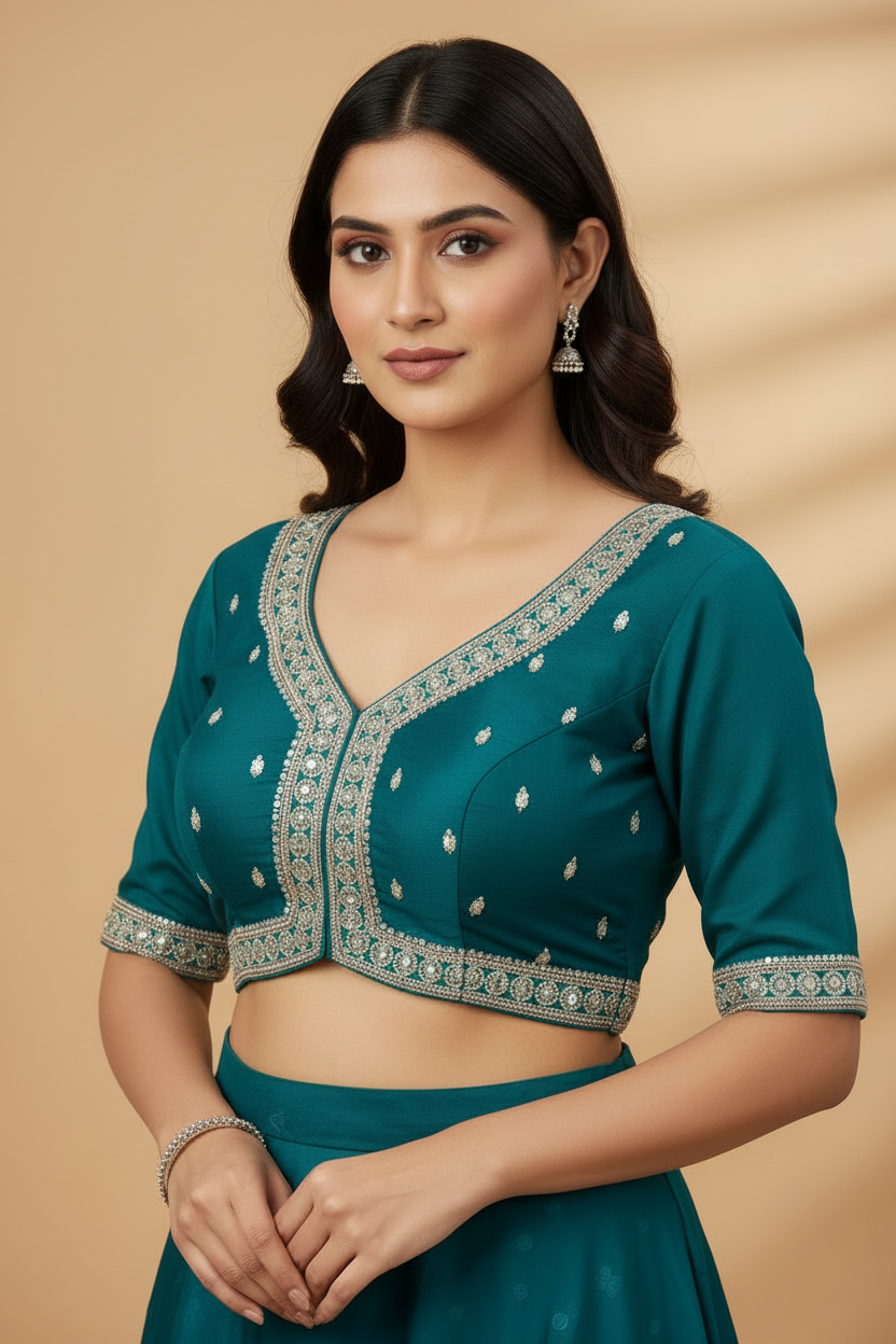 GREEN SLUB SILK READYMADE BLOUSE