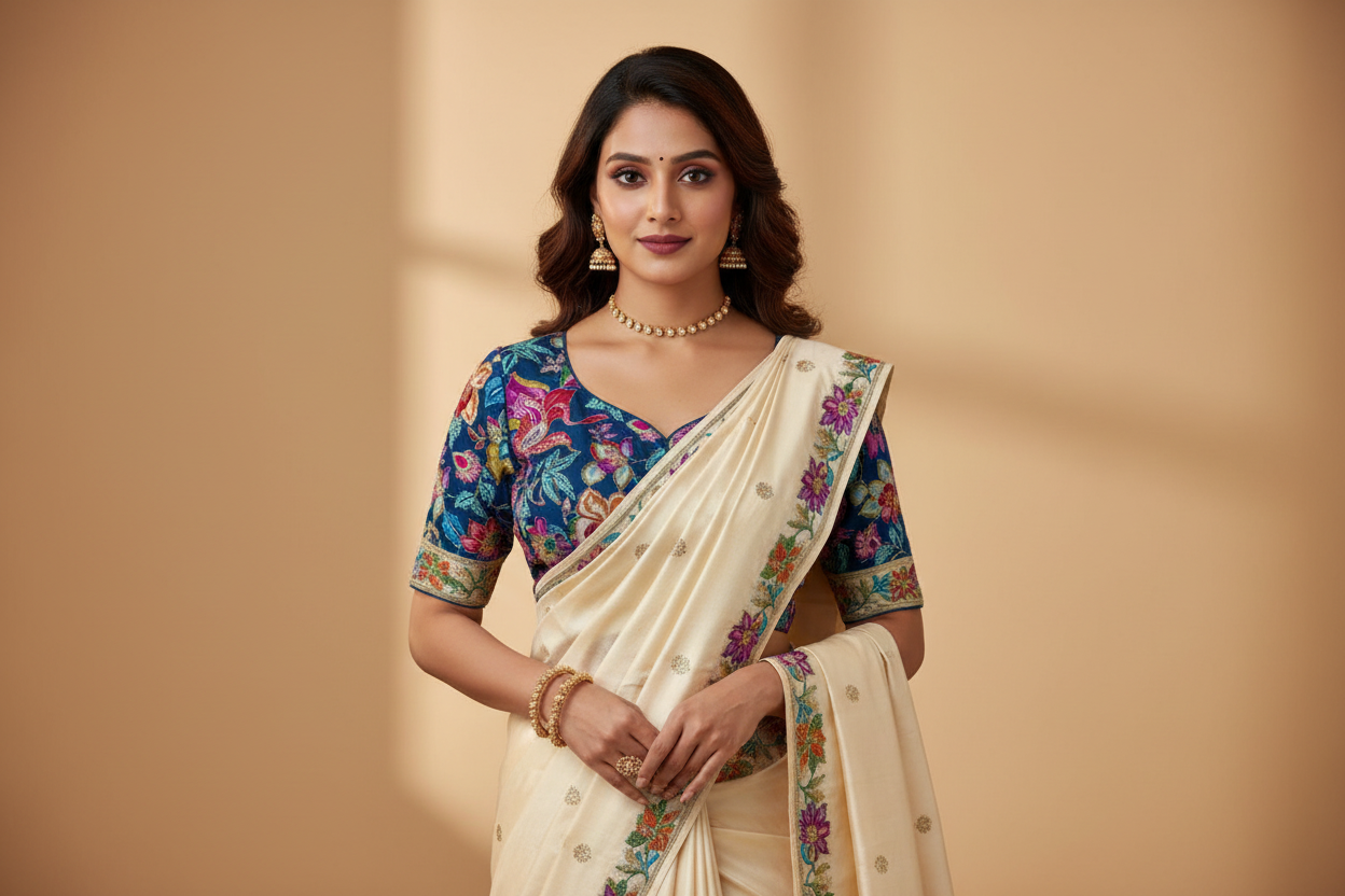 FLORAL BLUE READYMADE SAREE BLOUSE