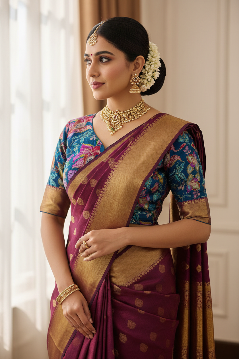 FLORAL BLUE READYMADE SAREE BLOUSE