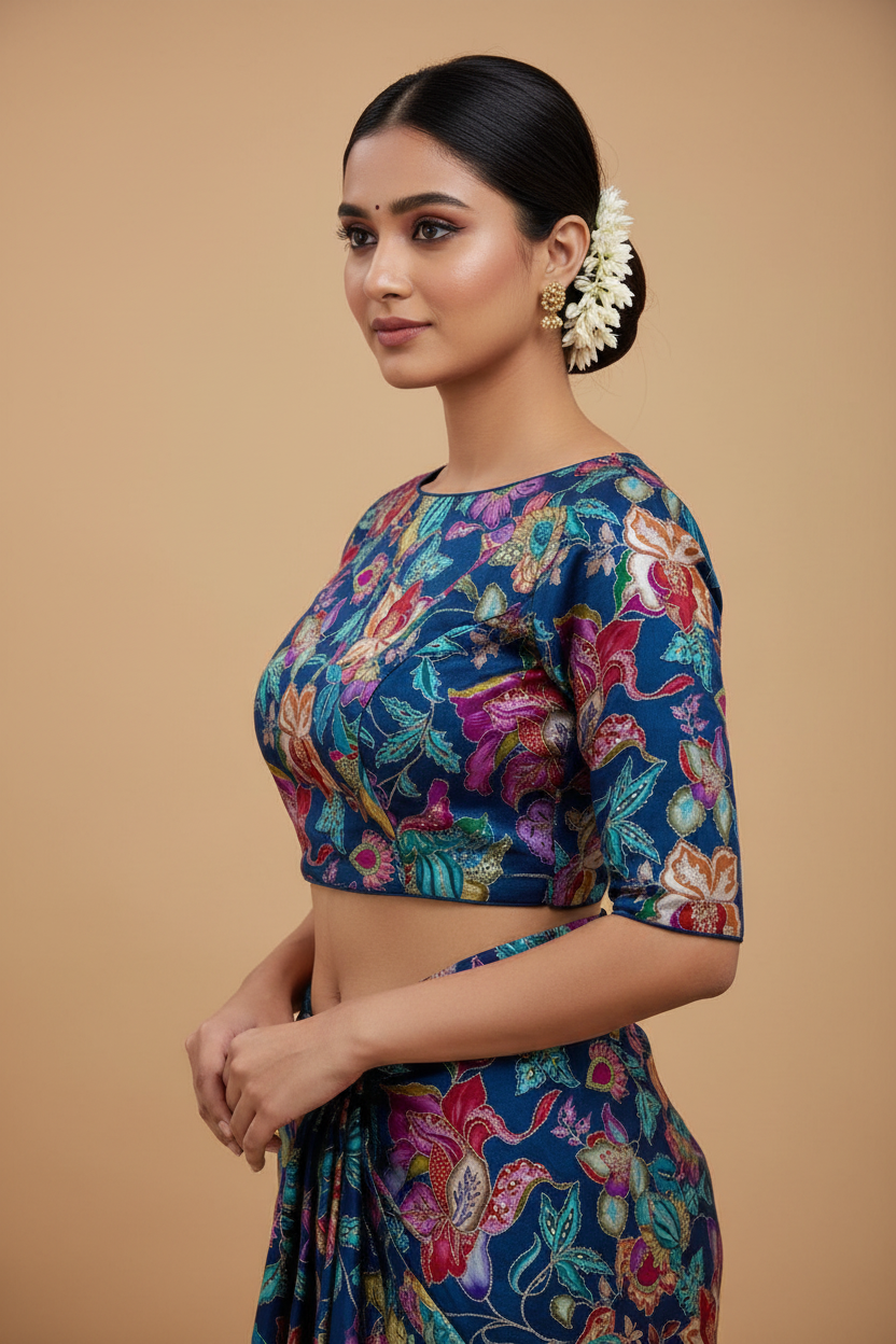 FLORAL BLUE READYMADE SAREE BLOUSE
