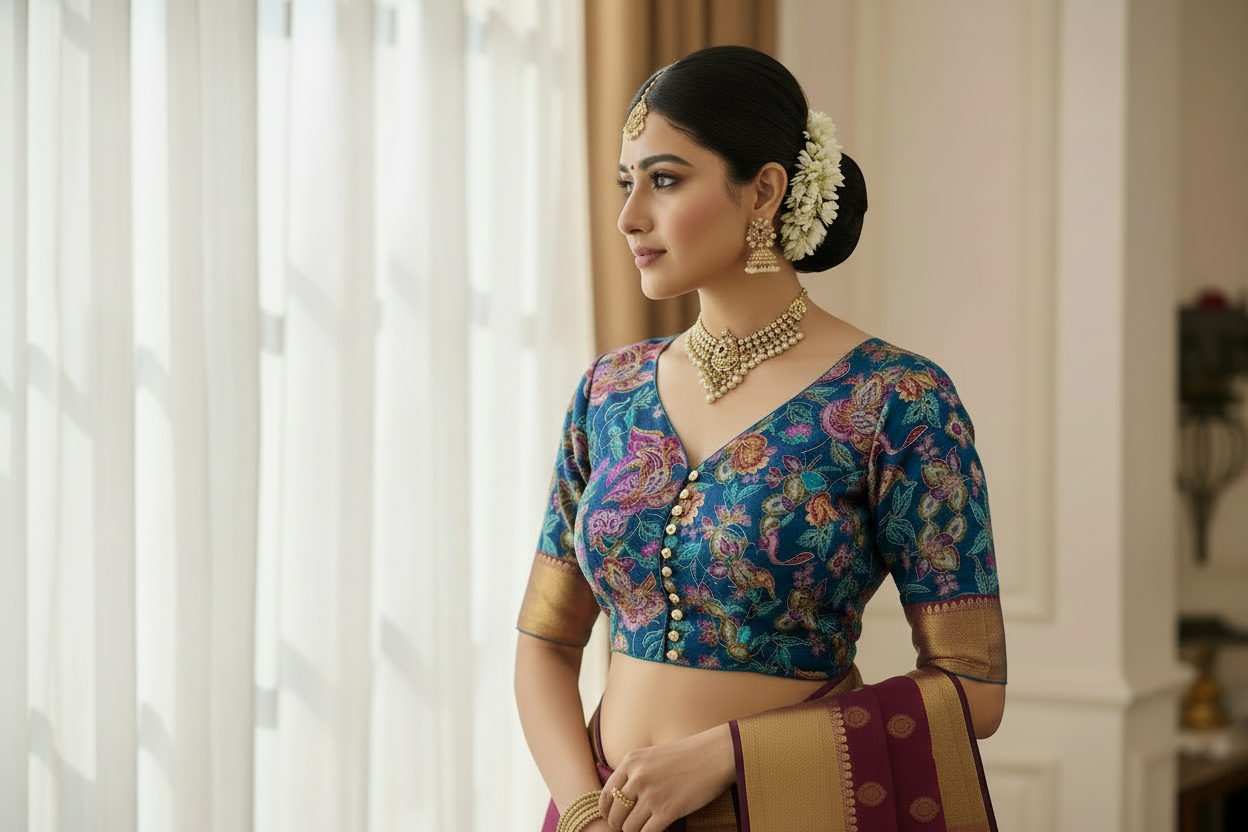 FLORAL BLUE READYMADE SAREE BLOUSE