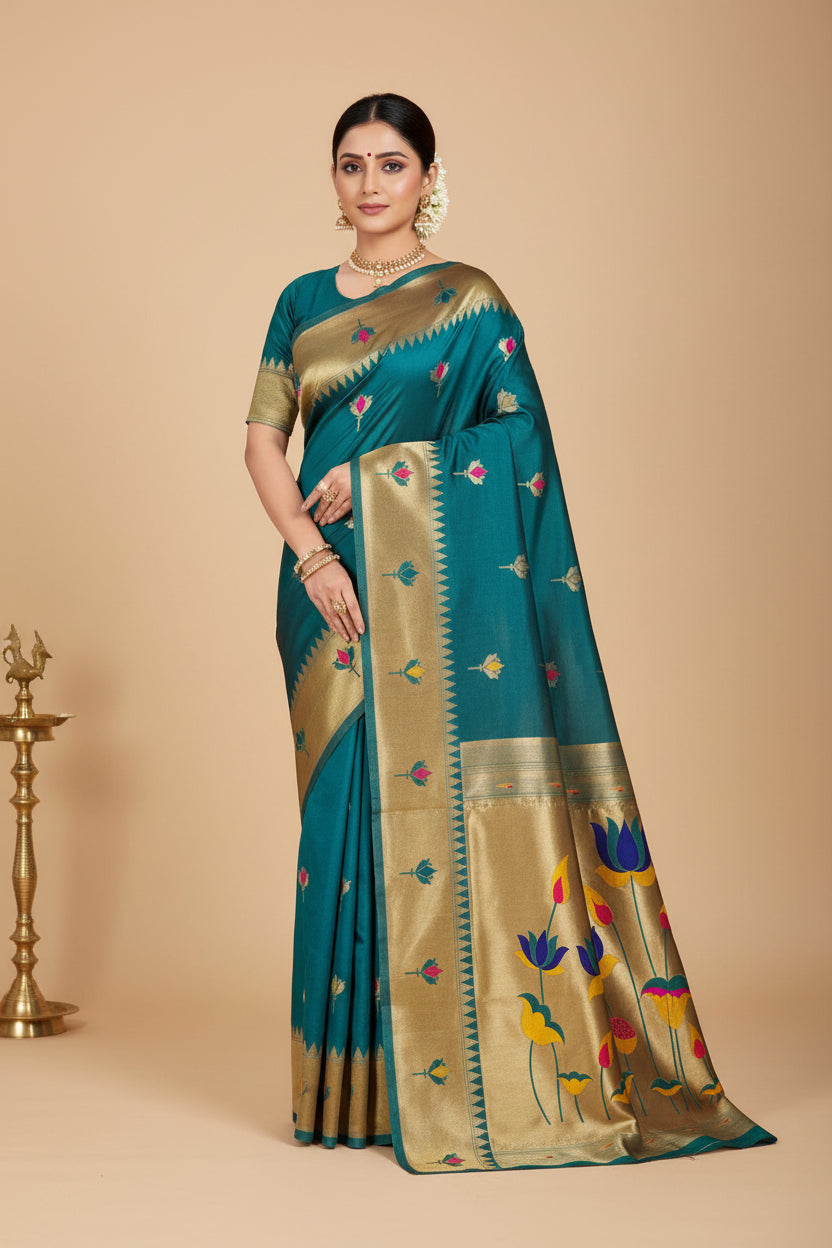 LOTUS TEAL BLUE PAITHANI SAREE