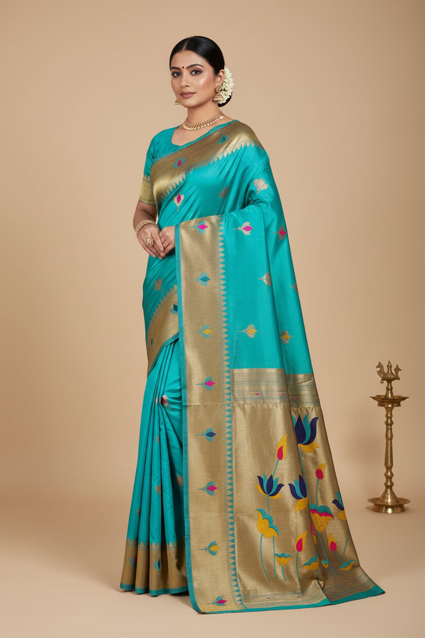 LOTUS TEAL GREEN PAITHANI SAREE