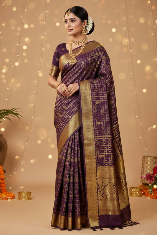 DARK BROWN CHECKS - SEMI SILK SAREE