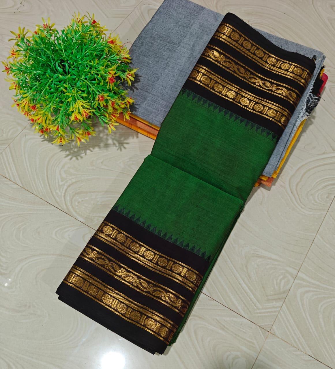 HANDLOOM COTTON SAREE - GREEN & BLACK