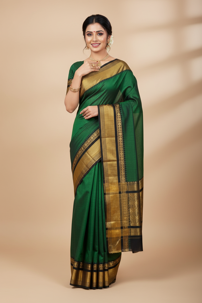 HANDLOOM COTTON SAREE - GREEN & BLACK