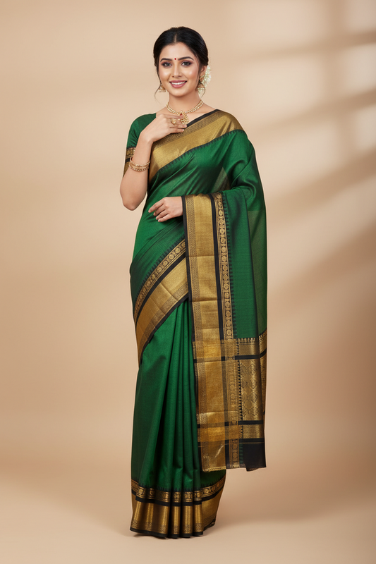 HANDLOOM COTTON SAREE - GREEN & BLACK
