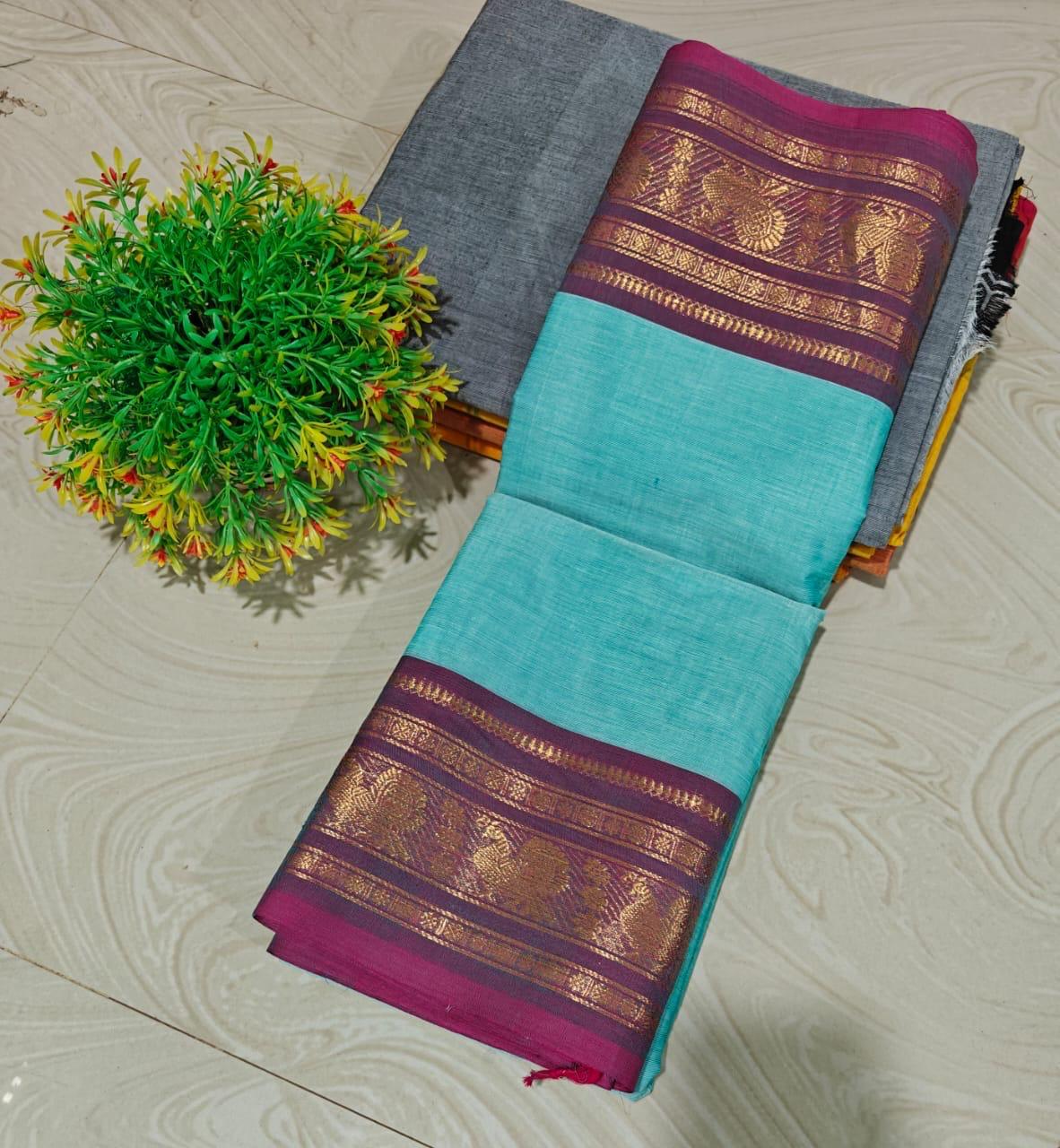 HANDLOOM PURE COTTON KANCH - BLUE + PINK
