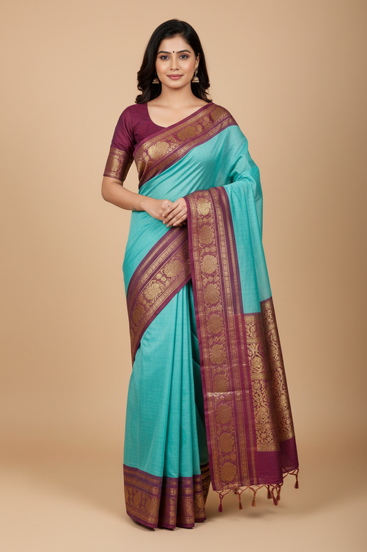 HANDLOOM PURE COTTON KANCH - BLUE + PINK