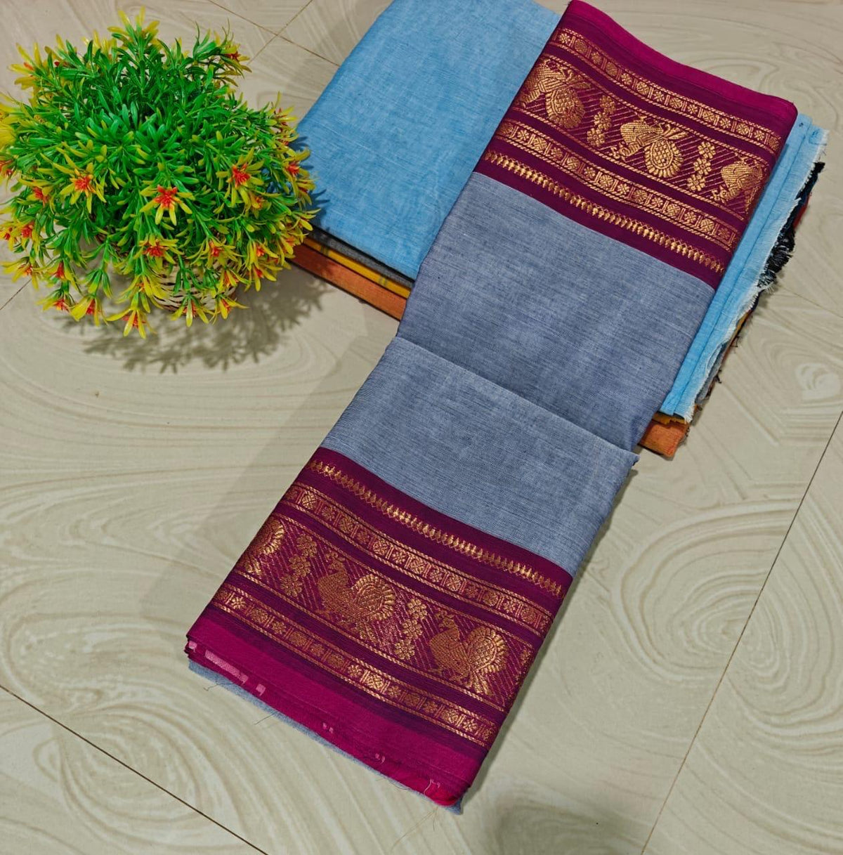 HANDLOOM PURE COTTON KANCHI - GREY BLUE PINK