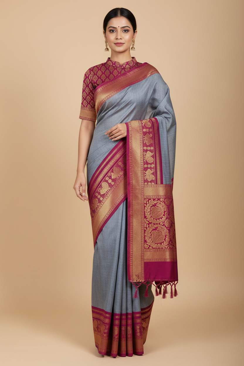 HANDLOOM PURE COTTON KANCHI - GREY BLUE PINK