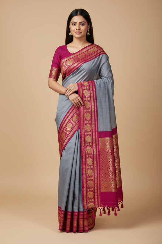 HANDLOOM PURE COTTON KANCHI - GREY BLUE PINK