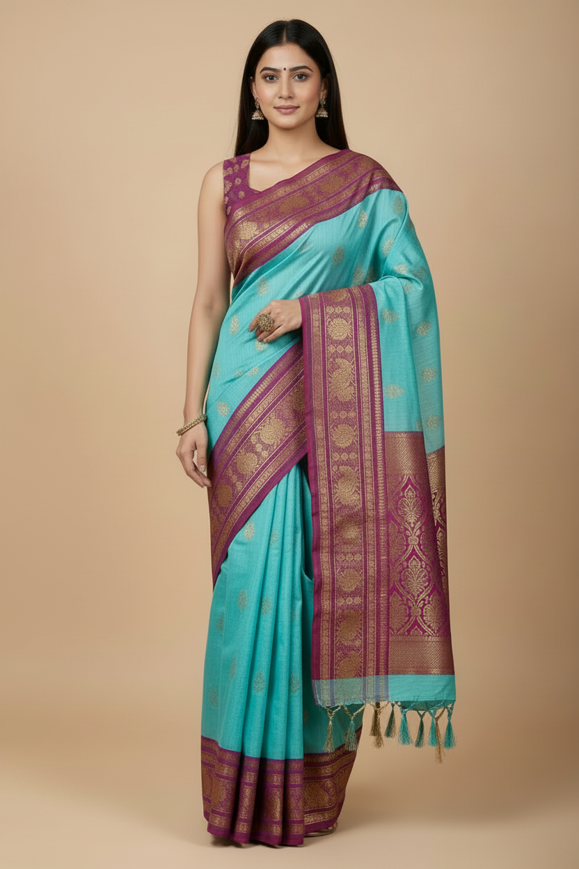 HANDLOOM PURE COTTON KANCH - BLUE + PINK