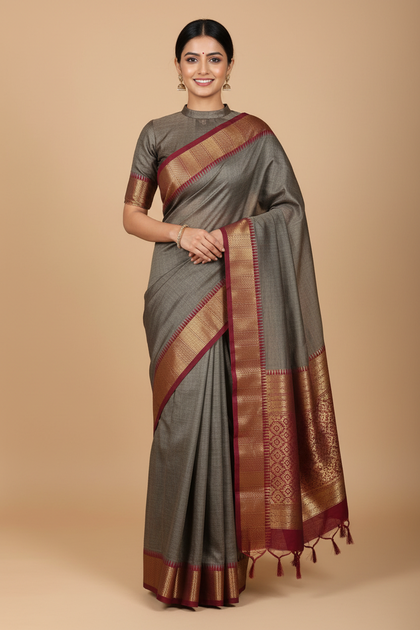 HANDLOOM PURE COTTON GREY BROWN + MAROON
