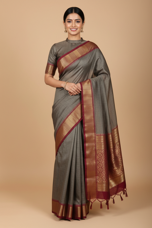 HANDLOOM PURE COTTON GREY BROWN + MAROON