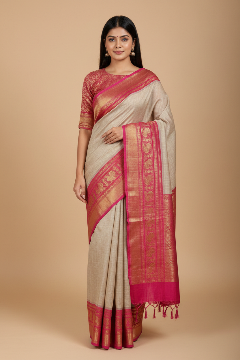HANDLOOM PURE COTTON - WHITE+ PINK