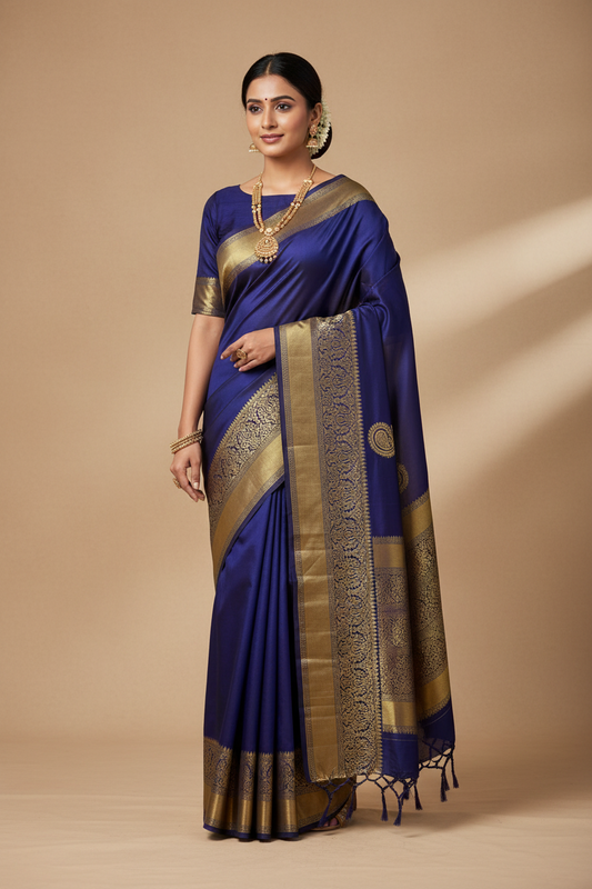 SOFT FUSION SAREE - NAVY BLUE & PINK