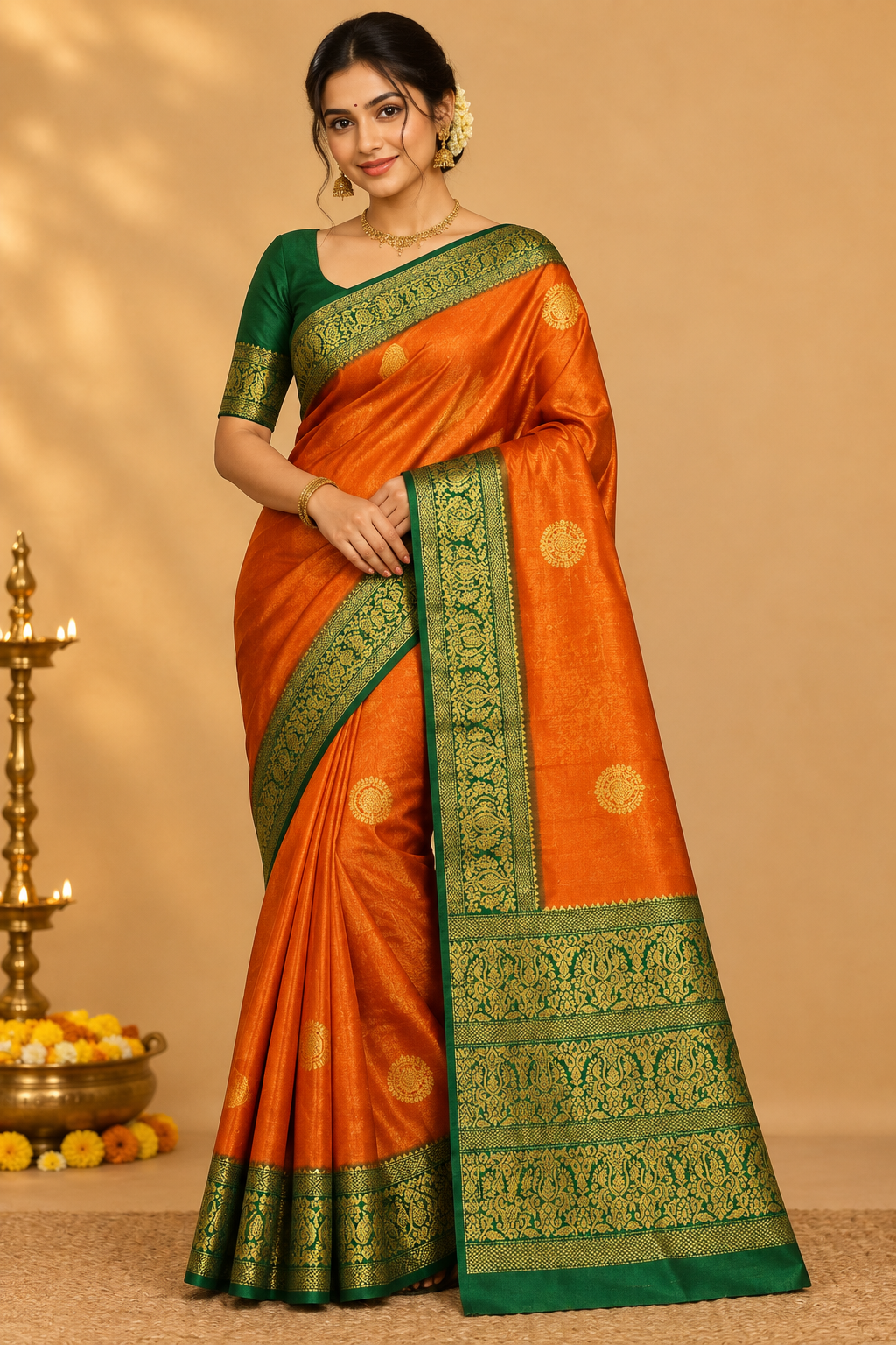 SOFT FUSION SAREE - ORANGE + GREEN