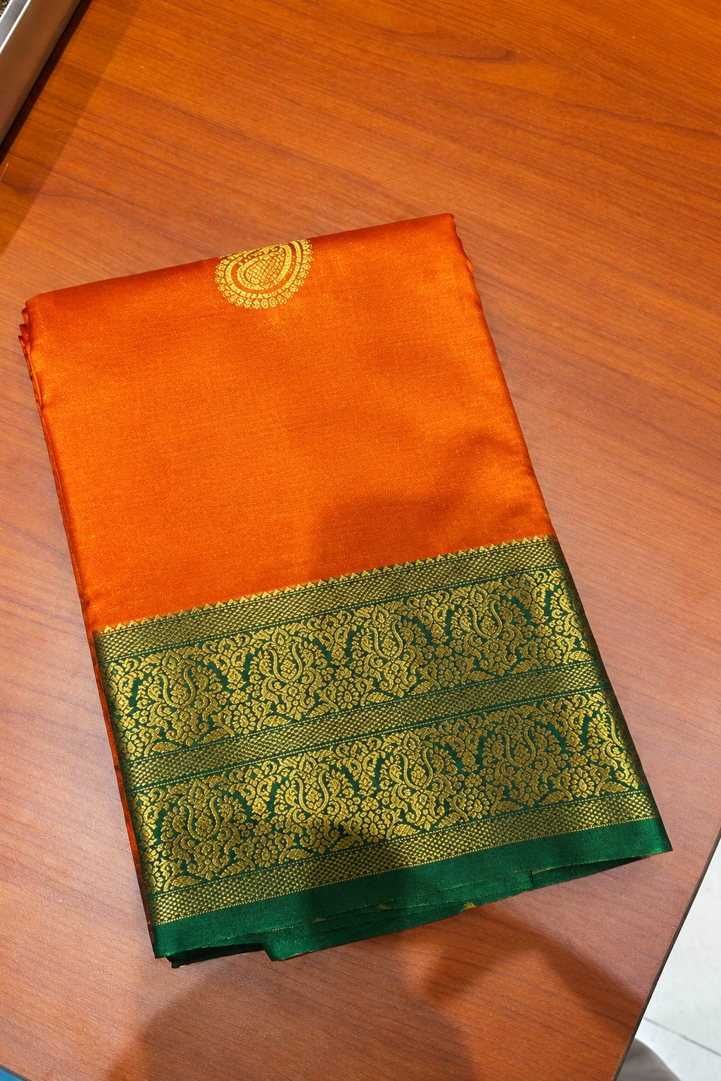 SOFT FUSION SAREE - ORANGE + GREEN