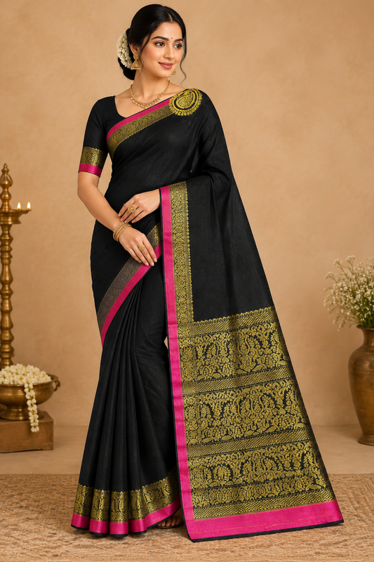 SOFT FUSION SAREE - BLACK & PINK