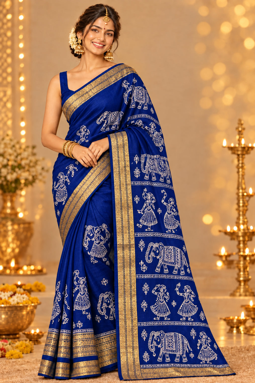 AJRAKH EMBROIDARY COTTON SAREE - BLUE