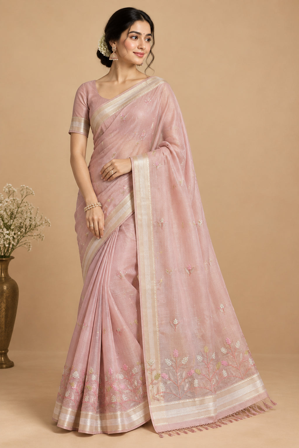 Embroidered Peach Cotton Saree