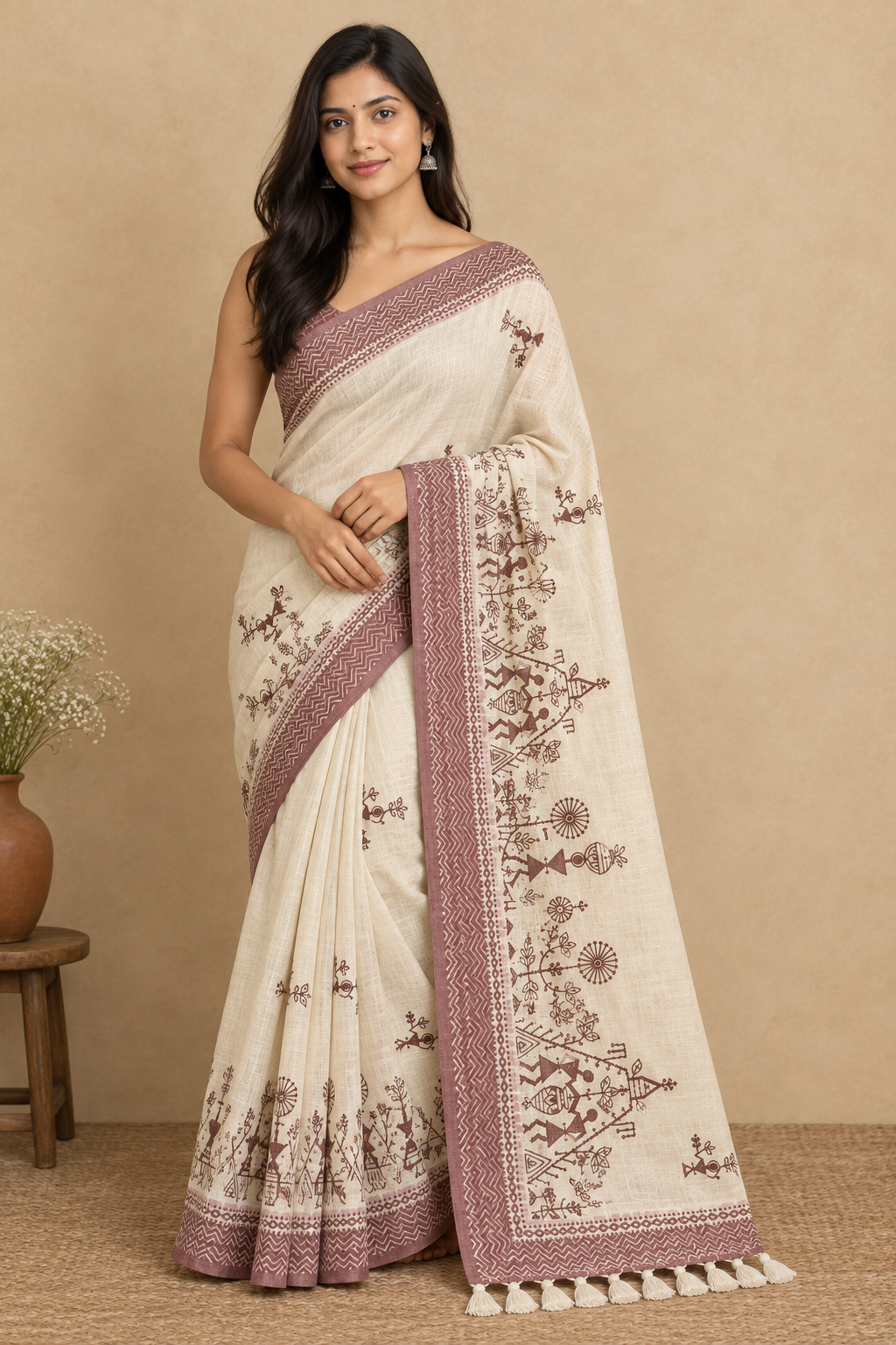 Warli Art Off-White Cotton Saree