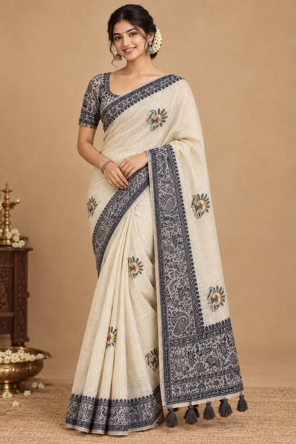Warli & Figure Motif Off-White Cotton